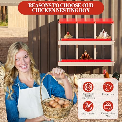 Galvanized Steel Chicken Nesting Box 6 Grids, Metal Egg Laying Boxes for Hens with Hinged Lid and Ventilated Design, Easy Clean Poultry Nest Box for Chicken Coop Accessories, Red, No Legs - color: Red, size: 6 Holes no Legs