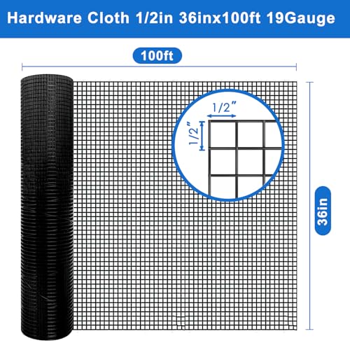 Black Hardware Cloth 1/2 in 36 x 100 ft 19 Gauge Wire Mesh | PVC coated wire mesh, Multiple Safeguards, Shape Retention, Chicken Coop, Gopher Barrier, Garden Fence - size: Black 1/2" 36" x 100' 19Ga
