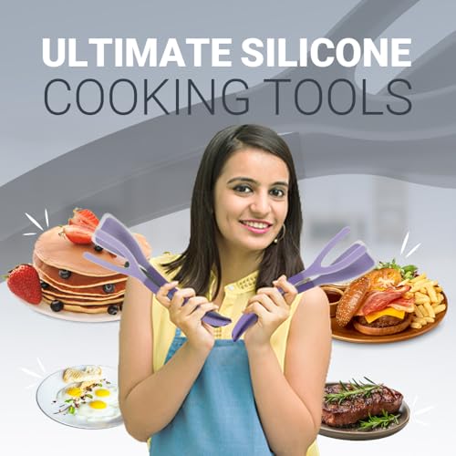 Silicone Egg Flipper Spatula Tongs (Set of 1) – Non-Stick 2-in-1 Grip & Flip Kitchen Tongs for Pancakes, Fish, Eggs, and More – Heat Resistant Cooking Tool (Purple) - color: Purple
