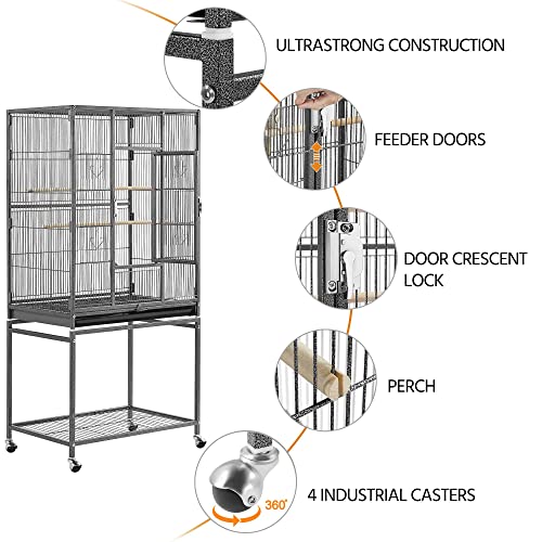 Topeakmart 53.7-inch Bird Cage with Stand Wrought Iron Construction Bird Cage for Parrots Cockatiels Conures Parakeets Budgies Finches Birdcage - color: Hammertone Black