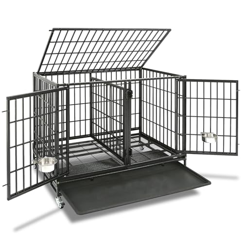 Homey Pet Taller 43" Heavy Duty Double Dog Crates with Divider & Dual Door | Drop Cage for Dogs with Lockable Wheels, Bowls, Removable Tray, Top Access, Ideal for Small to Medium & Large Dogs, Breeders - size: 42.5"L - Tall