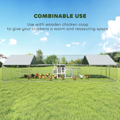 PawHut Metal Chicken Coop with Feeding Door for 24-30 Hens 26'x10'x6.4' | Large Chicken Run Hen House, Waterproof Cover, Hanging Feeder, Perch, Poultry Cage, Outdoor Backyard Farm - size: 315.0"L x 118.1"W x 76.8"H