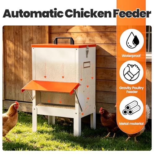 30lb Metal Hanging Automatic Chicken Feeder Duck Feeder for Outside Gravity Trough Large Outdoor Duckling Feeders no Waste Raised Auto Turkey Poultry Feeder Chicken Food Dispenser for Coop