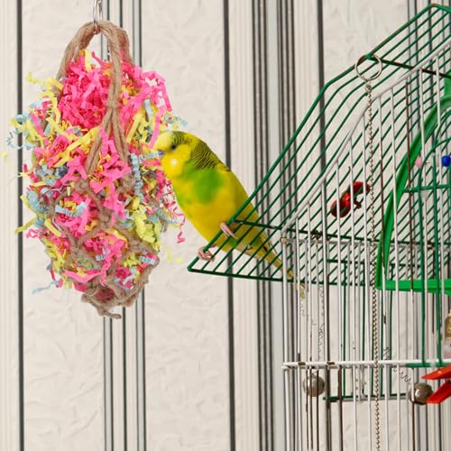 Wontee Bird Shredding Crinkles Foraging Toys Jute Mesh Bag for Cockatiel, A | Jute & crinkle paper, safe to chew, mesh bag design for fun shredding, colorful strips attract birds, for parakeet/conure - style: A (Bird Shredding Toy)