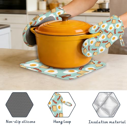 Heat Resistant Pot Holders and Oven Mitts,Funny Poached Eggs Extra Long Kitchen Oven Mitt Set,Cute Bread Cotton Lining Anti-Slip Waterproof Kitchen Mittens Hot Pan Holder for Baking Cooking Grilling - color: Funny Poached Eggs