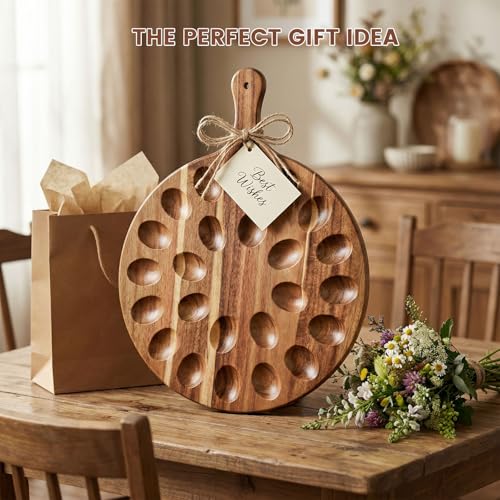 HANSGO Deviled Egg Platter, Wooden Round Charcuterie Board with 24 Holes | Egg Holder for Kitchen Countertops, Flat Surface Ideal for Use as Charcuterie or Pizza Board and Storage of Deviled Eggs