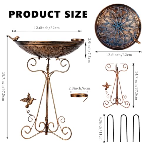 13" Vintage Metal Bird Bath with Cast Iron Pedestal | Bird Feeder Birdbaths Bowl with Folding Bracket for Outdoors Garden Patio Yard Lawn Decor - color: Brown-1