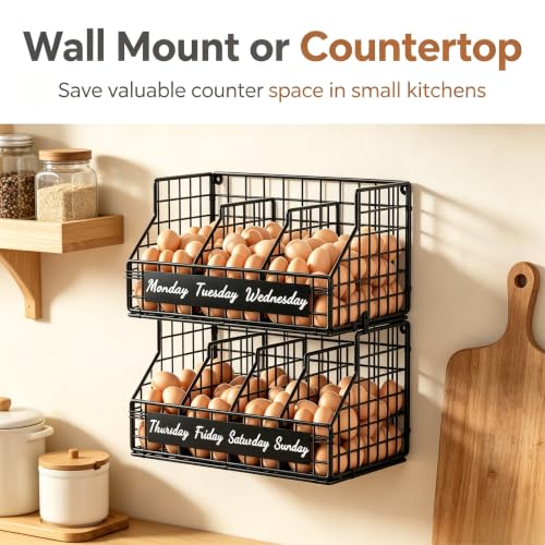 Egg Holder Countertop, 2 Tier Chicken Egg Basket for Gathering Fresh Eggs | Egg Storage Organizer with Adjustable 5 Dividers & Label, Stackable Wall Mounted Egg Collecting Basket Rack, Black - color: 2T Small Black