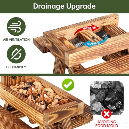 Squirrel Feeder for Outside Funny, Carbonized Wood Squirrel Picnic Table Feeder with Corn Cob Holder & Peanut Tray, Durable Picnic Table for Squirrel and Chipmunk, New Premium Gift - color: Brown