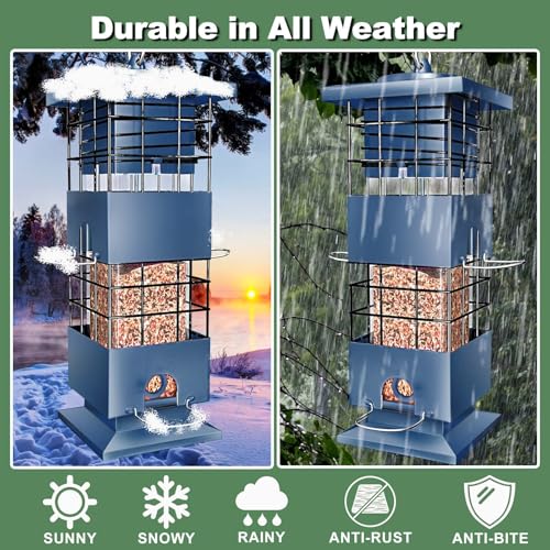 Squirrel Proof Bird Feeder,3.5Lbs Metal,4 Hanging Ports for Cardinal Finch | Weight-Activated Shutoff Blocks Squirrels & Pigeons.Chew-Proof Build For All Weather.Large Capacity,Fast Refilling & Cleaning - color: Blue