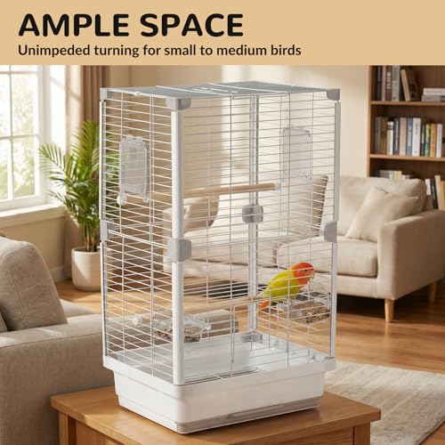 24" Portable Double-Layer Bird Cage, Travel Parrot Carrier with Handle for Vet Visits, Short Trips, White Metal Mesh Cage, for Parakeets, Cockatiels, Lovebirds, Small to Medium Birds