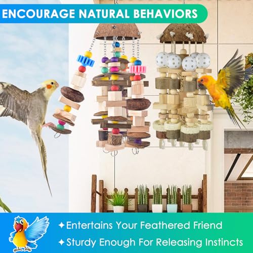 KATUMO Bird Toys, 2PCS Large Wooden Blocks & Coconut Shell Chew Toys for African Grey Cockatoo Amazon Parrots and Medium to Large Birds - style: Plastic ball+Nutshell