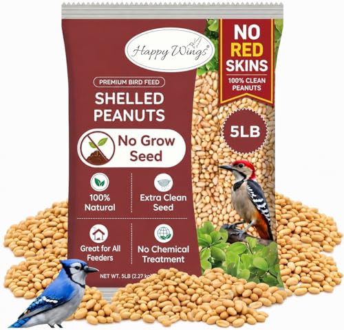 Happy Wings 5LB Shelled Peanuts Bird Food, No Grow Seeds, 100% Edible | High in Oil & Protein, High Energy Content, No Waste Bird Seeds, Heat Treated at Optimum Temperature, USDA & BRC-GS Approved - size: 5 Pound (Pack of 1)