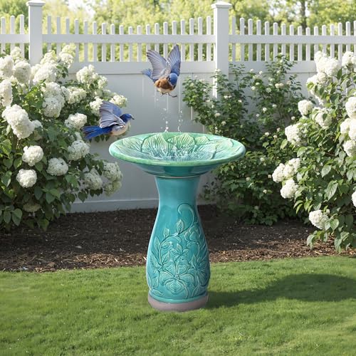 LuxenHome 23" Ceramic Bird Bath for Outside, Jade Green Outdoor Bird Bath | Lightweight Pedestal Glazed Birdbaths for Outdoors with Floral Embossed Design, Elegant Tall Outdoor Birdbath - color: Jade Green