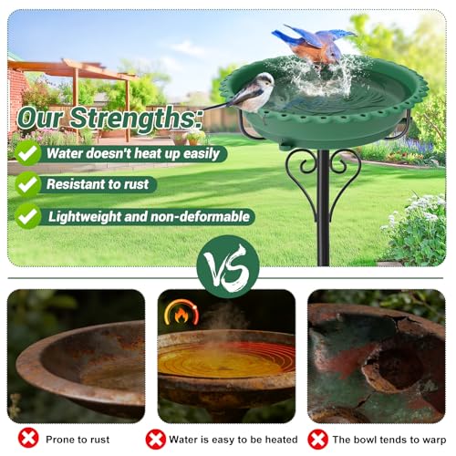 Bird Bath for Outside,12" Plastic Removable Bowl,Green | Heavy Duty Metal 5 Prongs Base,Easy CLean,Weather-Resistant,Rust-Proof,40" Freestanding Birdbath for Garden Patio Yard Lawn - color: Green-Freestanding