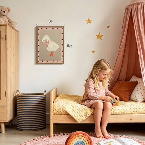 RLKHG Wood Framed Cute Goose Nursery Wall Art, Whimsical Goose with Bow Wall Decor, Pink Star Cottagecore Animal Poster Print, Sweet Farmhouse Kids Room Artwork for Girls Bedroom 16x24 Inch - color: CuteGoose, size: 24"L x 16"W