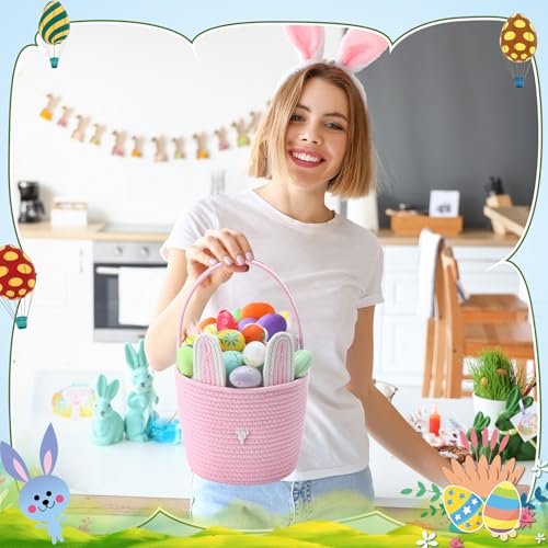 Colingmill 2 Pieces Easter Bunny Basket with Handle Woven Empty Rabbit Basket for Easter Egg Hunt Cute Candy Gifts Storage Party Favors Supplies(White, Pink) - color: White, Pink