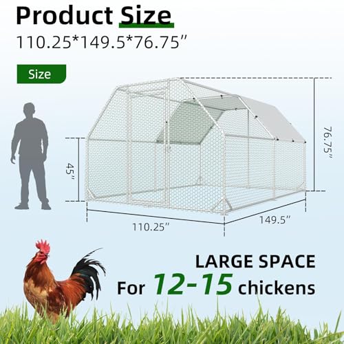 4ever2buy Metal Chicken Coop, 9.2x12.5 FT Walk-in Chicken Run Pen Poultry Cage, Water-Resistant & Anti-UV Cover, Large Chicken Coop for 12-15 Chickens - size: 149.5"L x 110.3"W x 76.8"H