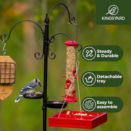 Kingsyard Bird Feeder Pole for Outdoors, 5-Prong Bird Feeding Station | 85-inch bird feeder pole with 3 adjustable hooks, seed tray and water bowl; tool-free setup with rust-resistant metal
