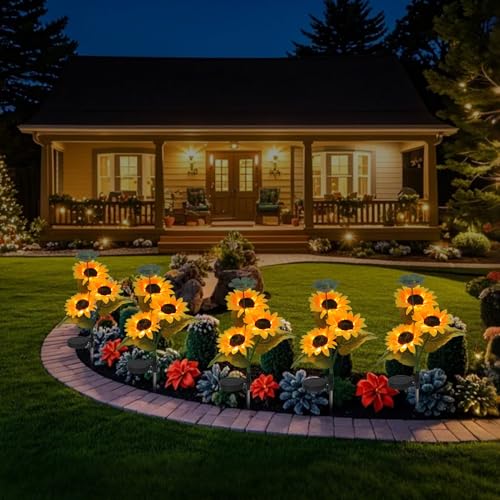 2 Pack Bee Watering Station, Butterfly Bird Water Feeder, 2-In-1 Flower Design Bee Bath Bowl with Glass Marble for Outdoor Decor & Sunflower Solar Lights Outdoor Waterproof, Flower Solar Garden Lights