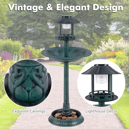 Solar Bird Bath, Pedestal Bird Bath with Bird Feeder, Flower Planter Base, and Solar Powered Lamp, Standing Birdbath for Outdoors, Garden, or Yard, 42 Inch Tall (Green) - color: Green