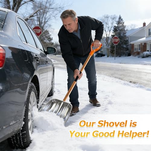 Scoop Shovel, Snow Shovel for Driveway, Non-Slip Wood Handle, D-Handle | Clear Snow, Gravel & Debris Quickly from Driveways and Yards! Wide Heavy Shovel Blade Moves More Material with Less Effort