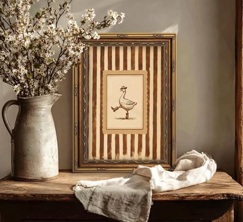 Vintage Gold Framed Western Wall Art Funny Cowboy Silly Goose Painting Canvas Prints Dancing Duck Stripe Picture Poster Rustic Farmhouse Nursery Animal Artwork for Living Room Bedroom Kids Room - color: Goose, size: 11"L x 9"W