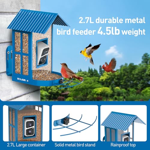 Bird Feeder with Camera with AI Identify Species, Wild Bird Watching, 2K Live View, Instant Arrival Alerts with 5W Solar Powered-Soliom BF08 Metal Blue - color: Blue Large