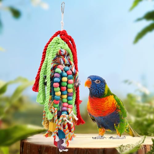 Large Bird Chewing Toys, 21.7 × 5.1 inch Parrot Shredding Wooden Block and Cotton Rope Toys, Cage Accessories for Small to Large Birds Cockatiel Parakeets Lovebirds Conure Macaw African Grey Amazon