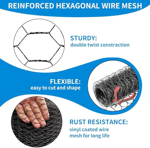 12'' x 50' Black Chicken Wire Fencing, 1 inch Chicken Wire and 19 Gauge Poultry Netting, Garden Mesh Fence Roll for Floral Arrangements/Crafts/Farm/Livestock/Pet Protection - size: 19 gauge 12'' x 50'