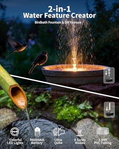 8W Solar Fountain Pump with 3200mAh Battery Backup & LED Lights, Solar Water Fountain Kit with 8 Nozzles & PVC Tubing for Bird Bath, Pond, Fish Tank, Backyard Decor P108DL - size: 8W Fountain with LED Light