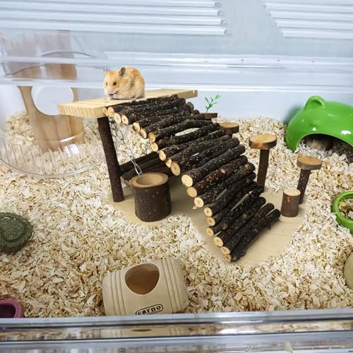 kathson Hamster Playground, Wooden Hamster Climbing Toys Activity Platform Set with Ladder Ramp Bridge Bowl Swing Cage Accessories for Gerbil Chinchilla Mouse Rat
