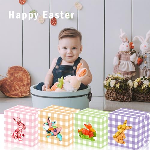 L7HWDP 12Pcs Easter Treat Boxes Plaid Cardboard Box with Rabbit Bunny Shape Window Spring Colorful Checked Candy Gift Paper Box Easter Containers