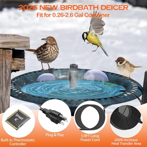 Fortrek Bird Bath Heater for Outdoors in Winter, 70w Birdbath Deicer Thermostatic Controller Water Heater with 5FT Cable for Birdbaths, Chicken, Duck, Livestock, Poulty, Animal, Tank, Buckets