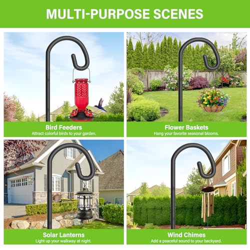 Shepherds Hook for Bird Feeder, 76" Heavy Duty Bird Feeder Pole with 5-Prong Base, Extra Thick Metal Shepherd Hook for Outdoor Hanging Plant Basket, Hummingbird Feeder, Solar Lantern, Black, 2 Pack - size: 76", style: 2 Pack
