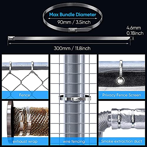 Metal Zip Ties Heavy Duty 11.8 Inch 304 Stainless Steel Cable Tie | 100 Pcs All-Weather Fastener Straps for Chain Link Fence, Exhaust Wrap & Outdoor Wire Mesh