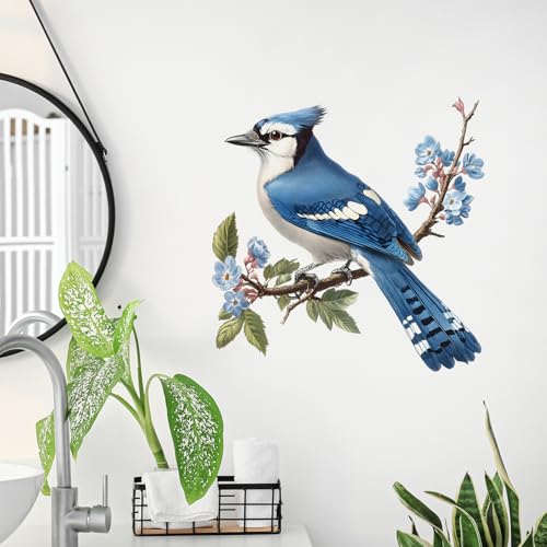 Blue Jay On A Branch Bird Wall Decal Animal Wall Sticker | Removable, waterproof, vinyl peel and stick wall art for nursery, baby room, classroom, preschool, living room, and playroom