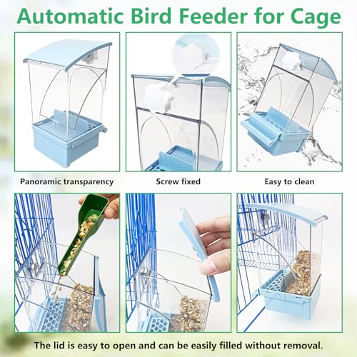 Hamiledyi Automatic Bird Feeder No Mess Bird Cage Feeder Transparent Acrylic Parrot Seed Food Container with Perch Cage Accessories for Parakeet Finch Lovebirds Budgies Canary (Blue) - color: Blue Transparent