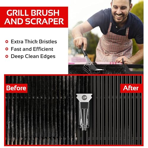 Safe Wire Grill Brush for Outdoor Grill w/Grill Scraper & Grill Mat Grill Cleaning Kit -Extended Handle BBQ Brush for Effortless Grill Cleaning Grill Cleaner Brush Barbecue Tools