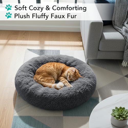 PetAmi Calming Donut Dog Bed, Washable Faux Fur, 23 Inch Small, Grey | Warm Shaggy Faux Fur and A Deep Nest Help Anxious Pets Curl Up and Sleep Soundly. Perfect for Puppies, Cats, and Rescues. - color: Gray, size: Small - 23"