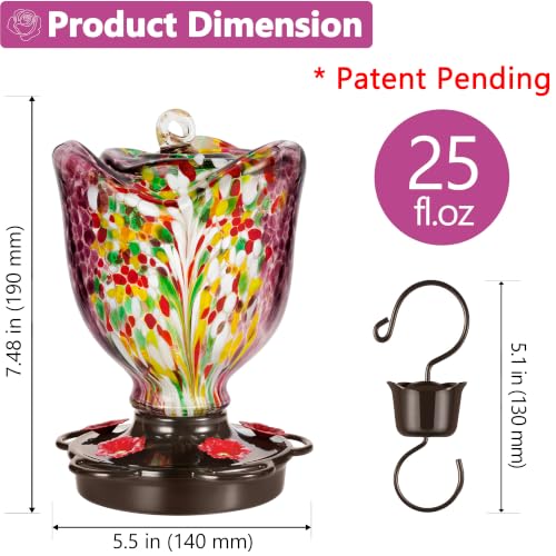 LUJII Rose Shaped Hummingbird Feeder for Outdoor Hanging, Hand-Blown Glass, 25 fl.oz, Leak-Proof and Rustproof, with Ant Moat and 5-Port Metal Cover, Purple - color: Purple