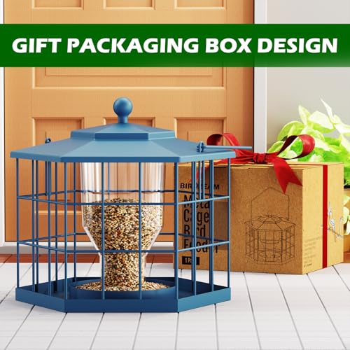 Birdream Squirrel Proof Bird Feeders for Outdoor Hanging, Metal Cage Bird Feeder with Rain Proof Covered for Wildbirds Bluebird Finches, Blue