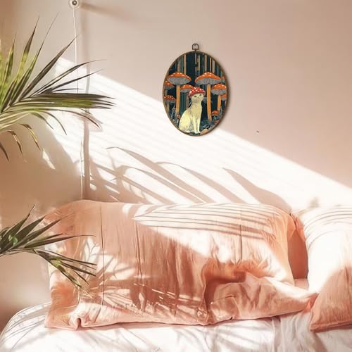 EGVQK Vintage Funny Cat Oval Wall Art, Whimsical Cat with Mushroom Hat Framed Canvas Prints Wall Art, Retro Quirky Dark Academia Oval Canvas Hanging Decor for Bedroom Living Room Home, 8.5x11.5in - color: animal_13