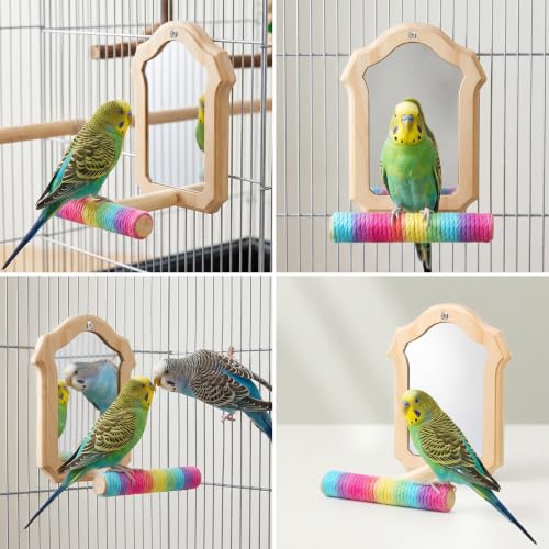 Bird Mirror for Cage Wooden Standing Birds-Mirror Bird Toys for Parakeets | Chewing Perch with Reflective Mirrors Wooden Swing Mirrors for Parrots Budgies Parakeets Cockatiels Lovebirds