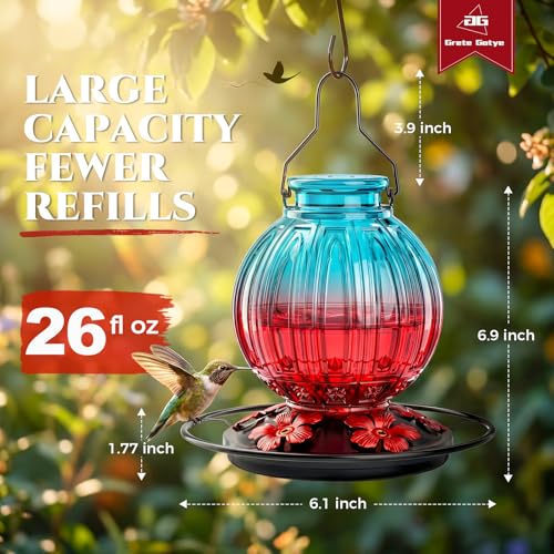 Glass Hummingbird Feeder for Outdoors Hanging, 26 fl oz Bird Nectar Feeder | 5 Metal Flower Feeding Ports, 360° Perch Ring, Easy Refill & Clean, Leakproof, Ideal for Backyard, Garden Decor, Blue & Red - color: Blue-Red Gradient