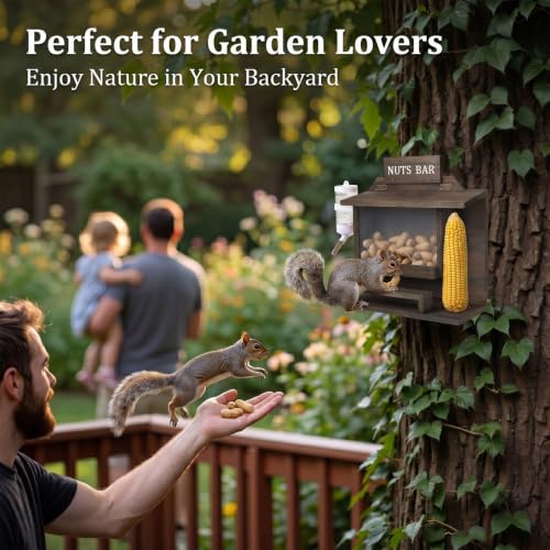 Hanging Squirrel Feeder for Outside with Picnic Table Design & Detachable Water Bottle - Funny Squirrel Picnic Table, Wooden Chipmunk Feeder for Backyard, Garden, Patio - No Assembly Required - Walnut
