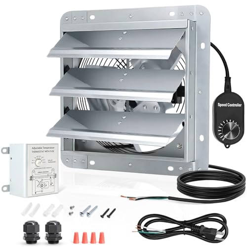 Shutter Exhaust Fan with Thermostat & Speed Control, 1030 CFM,1688RPM, Upgrade 12 inch Wall Mount Attic Vent Fan for Chicken Coops, Greenhouse, Gable, Barn, Garage, Shed Ventilator - color: With Speed Control & Thermostat, size: 12inch