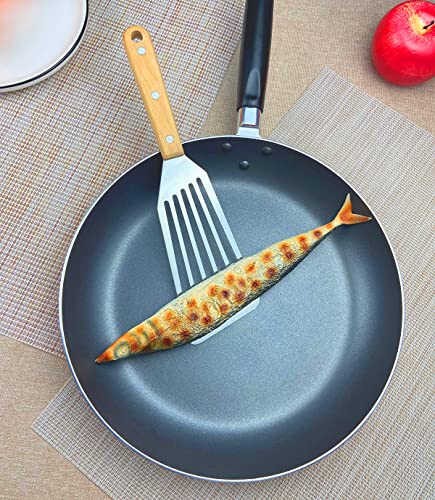 KLAQQED Fish Spatula Set for Nonstick Cookware Flexible Metal Fish Spatula Stainless Steel Small Fish Slotted Spatula Turner with Wood Handle - color: White, Wood