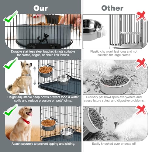 Dog Crate Bowls, 2 Pack Stainless Steel Kennel Water Bowl Hanging No Spill | Mountable Food & Water Dispenser, Elevated Feeder for Crate Cage, for Small to Medium Pets Cat Puppy Bunny Guinea Pig Ferret - color: Gray