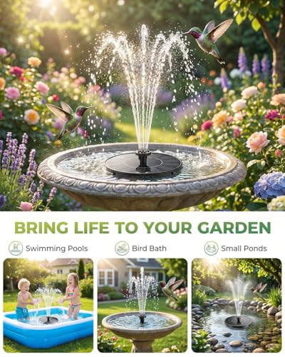 Solar Fountain for Bird Bath, 2026 Upgrade 1.4W Solar Water Fountain Pump with 7 Nozzles, 4 Fixed Pipes, Outdoor Standing Floating Solar Fountain for Garden, Ponds, Pool, Fish Tank, 6.3 Inch